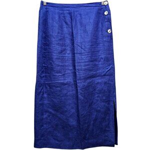 Vintage David N. Blue Linen Midi Skirt With Side Button Detail & Slit